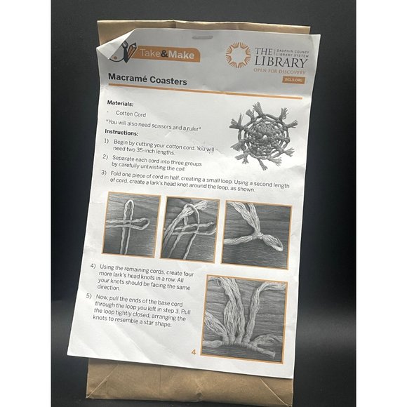 Macrame' Coaster Kit and Instruction Craft Kit Home Decor Length  10 Inches - Picture 3 of 5